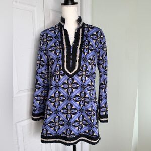 Y2K Lilac Black Bohemian Flower Power 70s Long Shirt by Dana Buchman